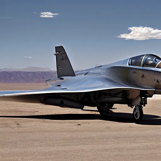 Image similar to Chrome F4 Phantom, chrome fighter jet, shiny, reflective, parked in Nevada desert, ultra high detail