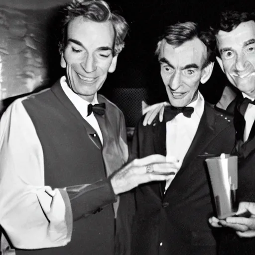 Image similar to bill nye in a nightclub with richard feynman and mr. bean