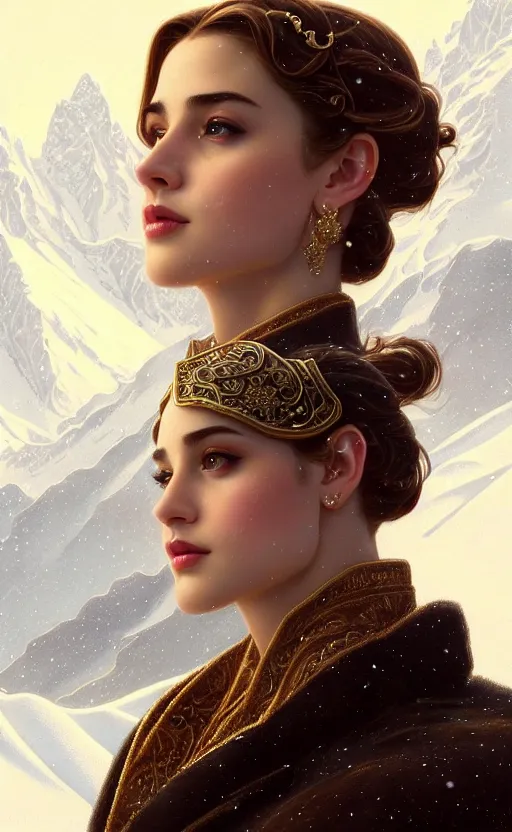 Image similar to rayan gosling, regal, elegant, winter, snow, beautiful, stunning, hd, illustration, epic, d & d, fantasy, intricate, elegant, highly detailed, wide angle, digital painting, artstation, concept art, smooth, sharp focus, illustration, wallpaper, art by artgerm and greg rutkowski and alphonse mucha and jin xiaodi