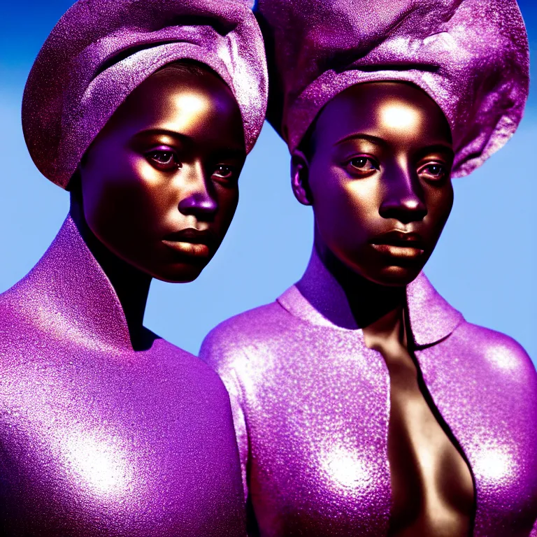 Image similar to portrait of iridescent metallic face, african woman, mercury, smooth reflections, proud looking away, outdoor, blue sky, 8 k, realistic, depth of field, highly detailed, award winning photography, by richard mosse