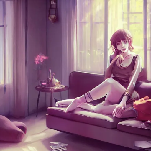 Prompt: girl sits on the sofa and listens to music, the sun shines through the window, highly detailed, 8 k, pixiv, in style of kyoto animation, art by artgerm and cushart krenz