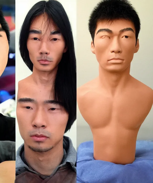 Prompt: asian man whose head is replaced by victoria's secret white model's head, realistic