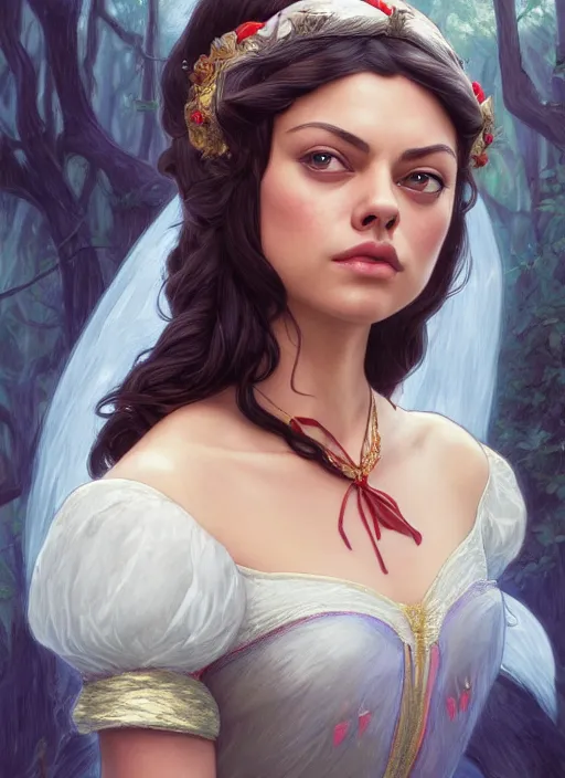 Image similar to beautiful young mila kunis as snow white princess disney, closeup, d & d, fantasy, intricate, elegant, highly detailed, digital painting, artstation, concept art, matte, sharp focus, illustration, art by artgerm and greg rutkowski and alphonse mucha