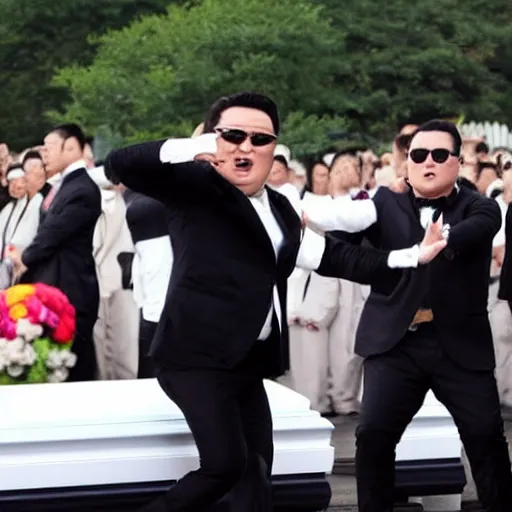 Image similar to Psy performing Gangnam Style on a funeral