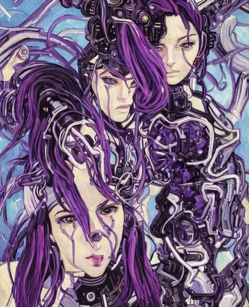 Prompt: A beautiful painting of a cyberpunk anime girl with purple hair and an a huge robot arm sensual stare, augmentations and cybernetic enhancements neon circuits, Painted by Vincent Van Gogh 8k highly detailed ❤️‍🔥 🔥 💀 🤖 🚀