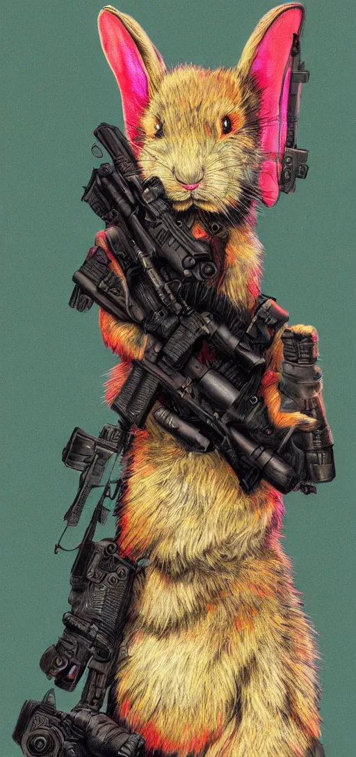 Image similar to portrait of neon fur rabbit with red eyes and a machine gun , 8k, highly detailed, sharp, realistic, in style of Brom