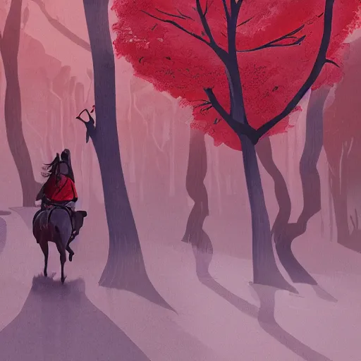 Prompt: a little red riding a horse through a forest, a storybook illustration by nina tryggvadottir, pixiv contest winner, environmental art, 2 d game art, storybook illustration, concept art