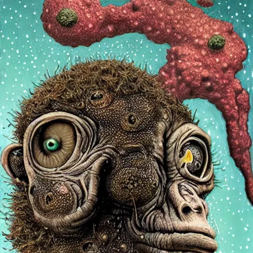 Image similar to measles on a deformed hideous pustule covered monkey, sores, bumps, skin wounds, surface hives, growths, horror, fantasy, highly detailed, by Dan Hillier, ooze, slime, in background nebula of bacteriophages