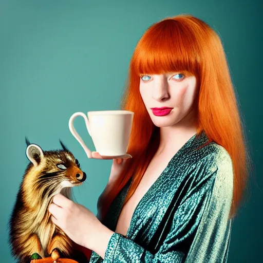 Image similar to a stunning hyper-detailed photo of a slender beautiful woman with straight long ginger hair and bangs, wearing a luxurious silk robe, wearing headphones and posing with her large ginger tabby cat and raccoon and parrots in a red overstuffed easy chair in her Victorian living room, holding a porcelain parrot-shaped coffee mug and a donut, perfect eyes, fashion photography, dramatic cinematic lighting, octane render, IBEX Masters, unreal engine, 85 mm lens, paisley wallpaper