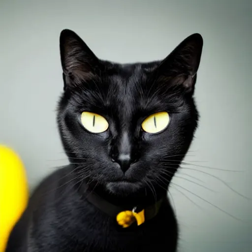 Image similar to black cat with big yellow eyes gazing at the camera with open mouth, 4 k, blurred background, uncanny
