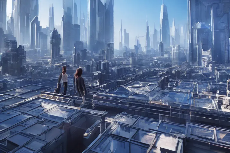 Image similar to rooftop view of a futuristic city highly detailed, photorealistic portrait, bright studio setting, studio lighting, crisp quality and light reflections, unreal engine 5 quality render