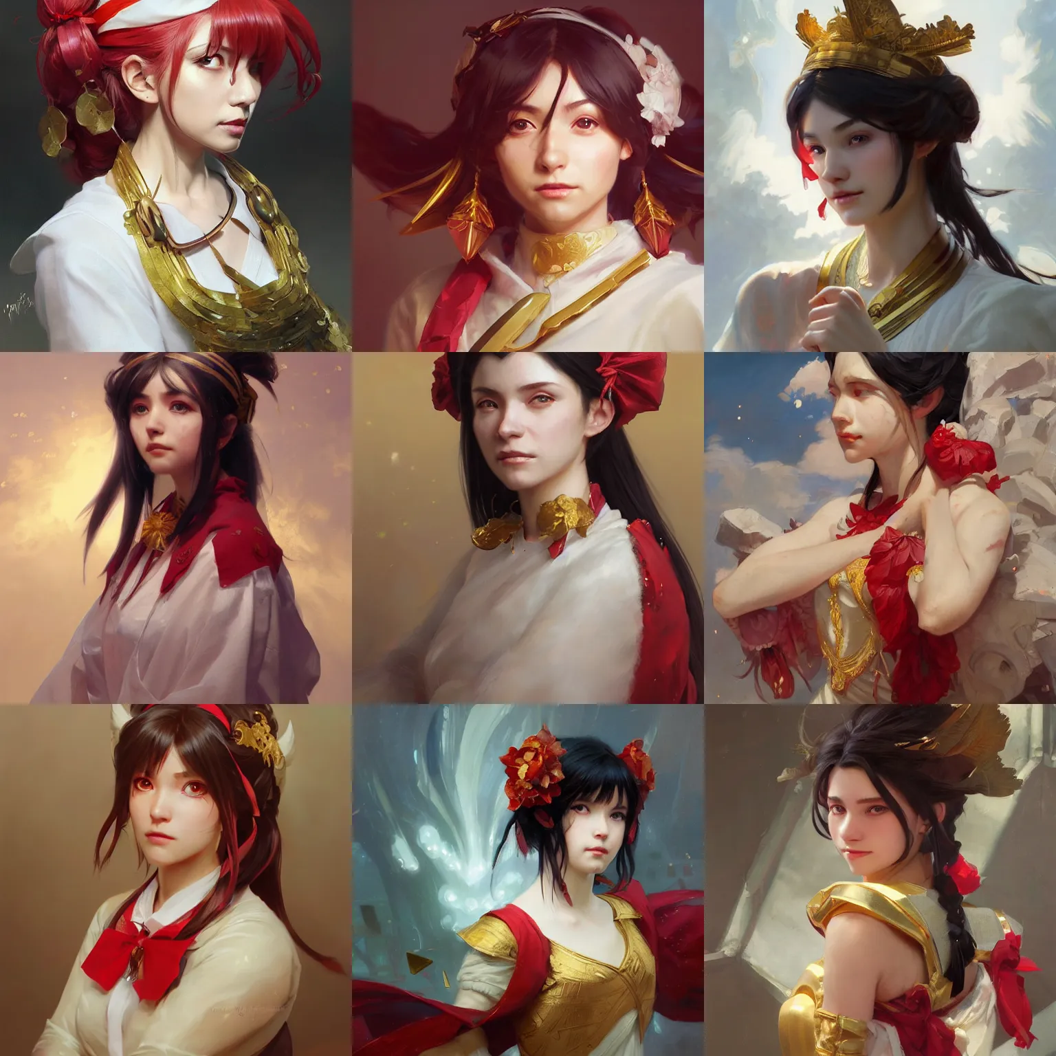 Prompt: a portrait painting of reimu hakurei, marble, gold, unreal engine 5, art by greg rutkowski, artgerm, wlop, ruan jia, krenz cushart, alphonse mucha