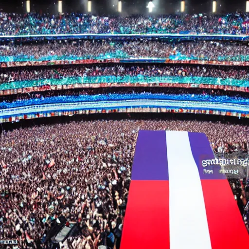 Image similar to Lady Gaga as president, Argentina presidential rally, Argentine flags behind, bokeh, giving a speech, detailed face, Argentina