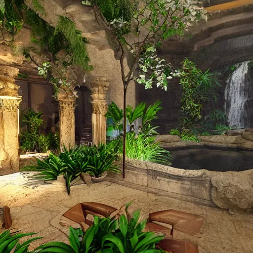 Image similar to Waterfalls and plants in a ancient greek interior,unreal engine,3d render