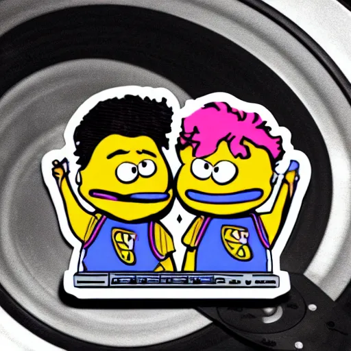 Image similar to svg sticker of a Pop-Wonder Bert&Ernie, Sesame-Street, at a rave, spinning records, giant headphones rocking out, wearing headphones, huge speakers, dancing, rave, DJ, spinning records, digital art, amazing composition, rule-of-thirds, award-winning, trending on artstation, featured on deviantart