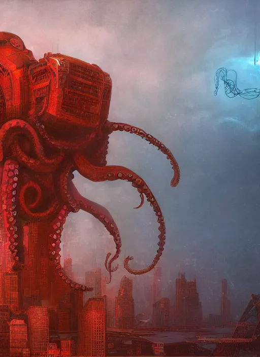 Prompt: octopus robot destroying manhattan, dramatic lighting, 4k, digital art, inspired by beksinski, lovecraft