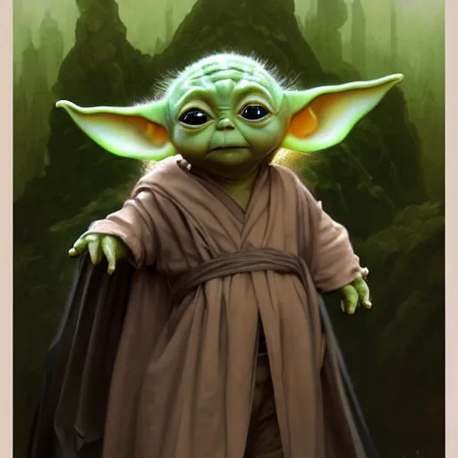 Image similar to baby yoda in the role of frodo baggins, intricate, elegant, highly detailed, digital painting, artstation, concept art, smooth, sharp focus, illustration, art by artgerm and greg rutkowski and alphonse mucha and william - adolphe bouguereau