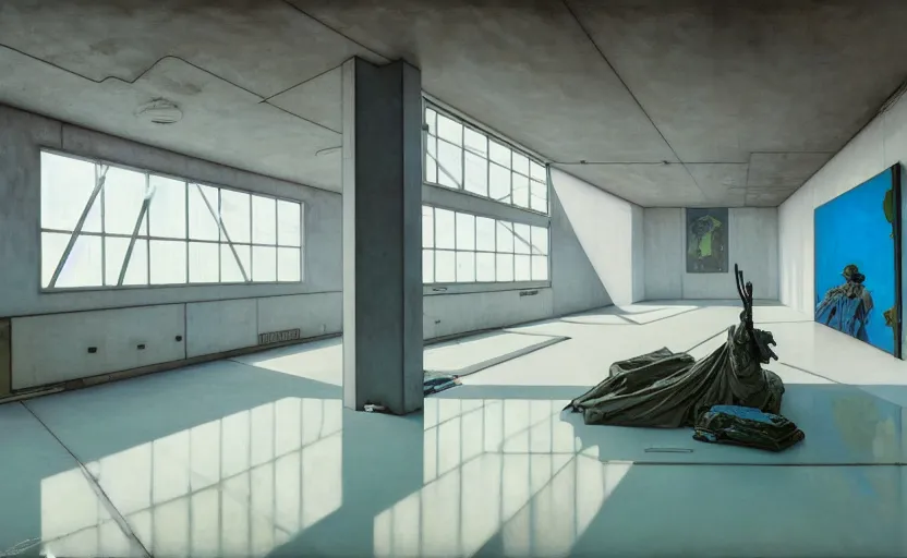 Prompt: painting of a wide angle interior shot of a white concerete brutalist museum with modern contemporary art on the wall with glossy floor by darek zabrocki and greg ruthkowski, alphonse mucha, simon stalenhag and cinematic and blue cold atmospheric, archillect concept art, artstation, trending on artstation