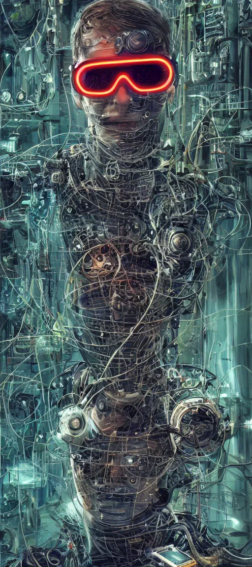 Prompt: a guy connected to wires and tubes, wearing goggles, cybernetic, dystopian, Neo Rococo Expressionist, Maximalism, orientalism, diffuse lighting, fantasy, intricate, elegant, highly detailed, lifelike, photorealistic, digital painting, artstation, illustration, concept art, smooth, sharp focus, art by John Collier and Albert Aublet and Krenz Cushart and Artem Demura and Alphonse Mucha