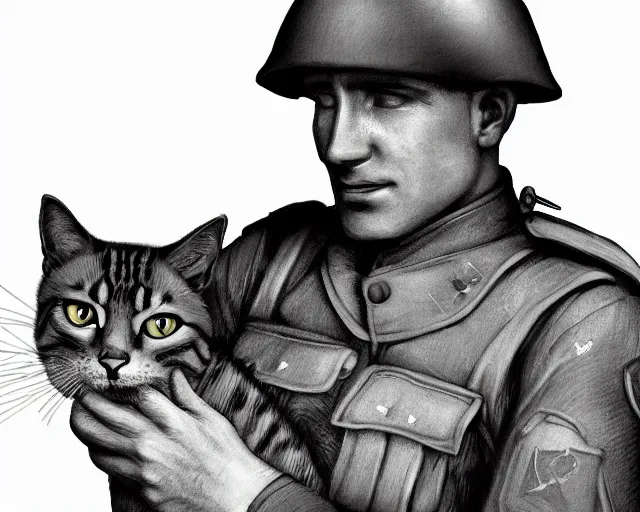 Prompt: A soldier talking to a cat in world war 1, close-up, realistic face, beautiful face detail, mature facial features, black and white, amazing digital art, hyper detailed, artstation, in the style of Tony Sart