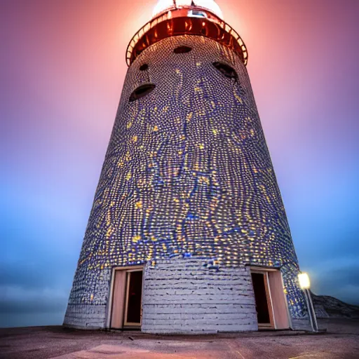 Image similar to a photo of an alien lighthouse covered in scales, lit by an eerie background glow