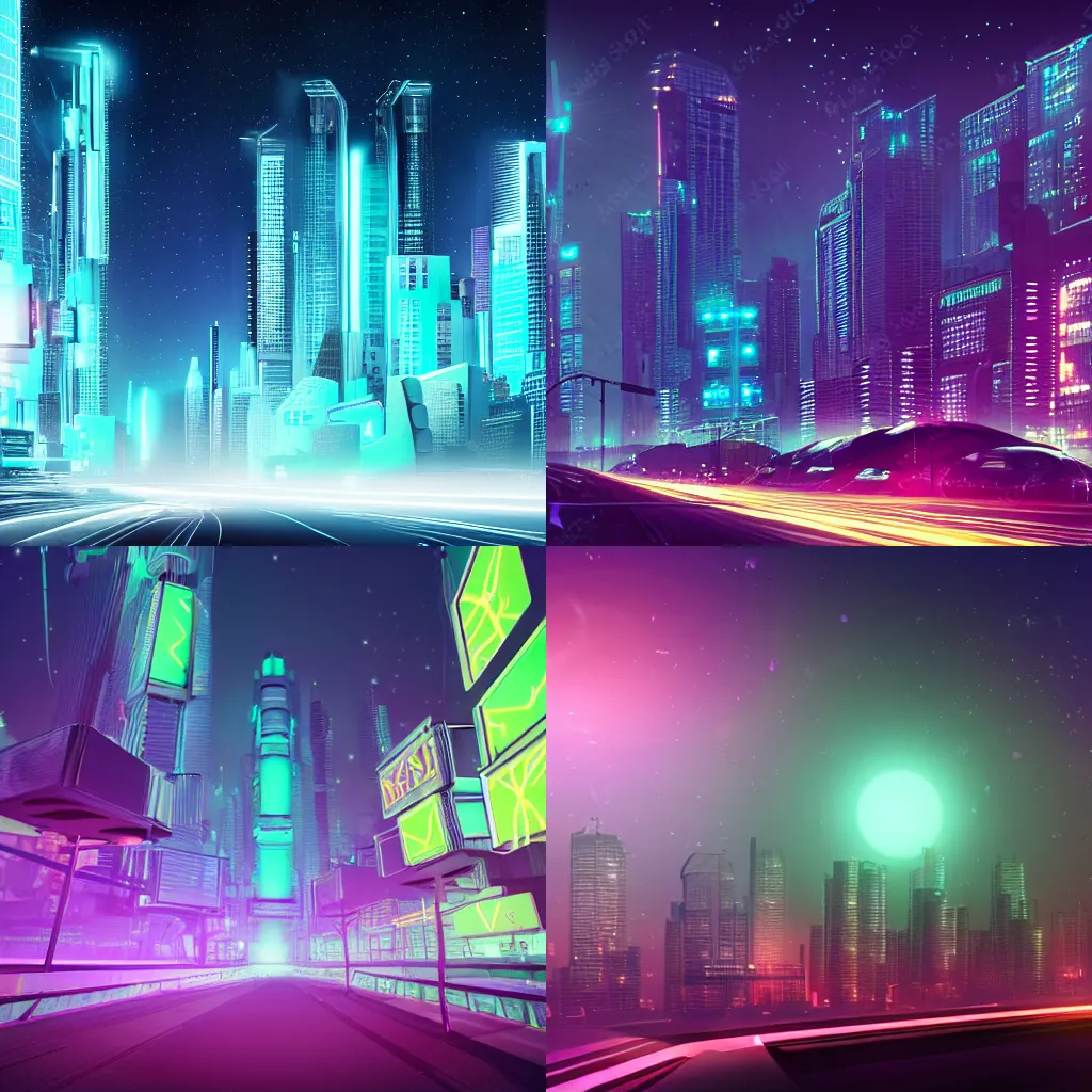 Prompt: a futuristic neon city at night, the stars are visible despite the haze and light pollution, volumetric lighting