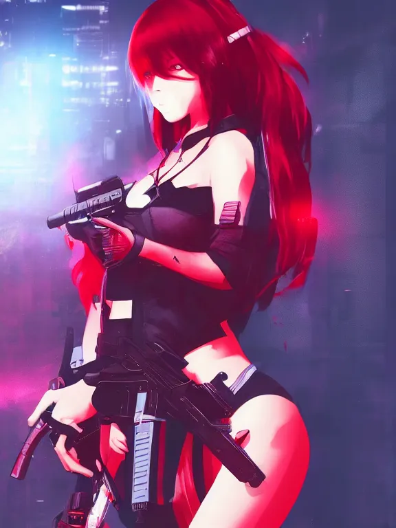 Image similar to a female character with a gun and a red background, cyberpunk art by muqi, featured on pixiv, rayonism, sci - fi, pixiv, official art