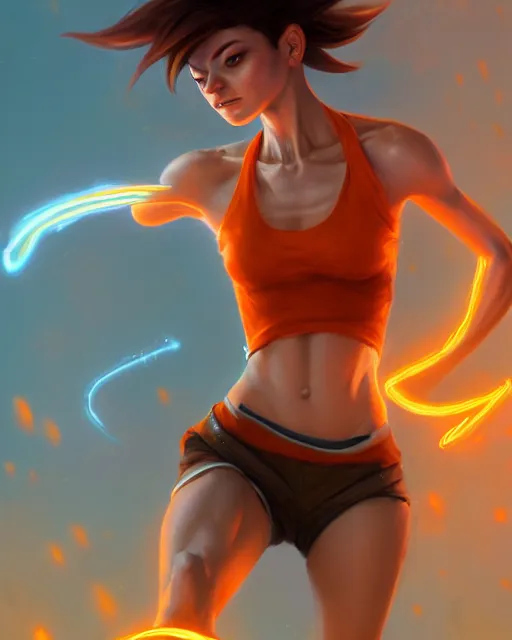 Image similar to tracer running wearing orange halter top, perfect face, brown hair, abs, cinematic, stunning, cute, adorable, strong, highly detailed, psychedelic, digital painting, artstation, smooth, hard focus, illustration, art by jessica rossier and and brian froud