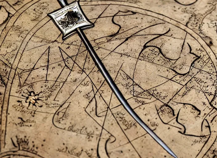Image similar to close up of sword inlaid with a medieval map