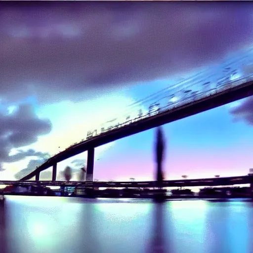 Image similar to blue hour, mostly cloudy sky, palm trees, bridge, curved bridge, dusk, 2 4 0 p footage, 2 0 0 6 youtube video, 2 0 0 6 photograph, home video