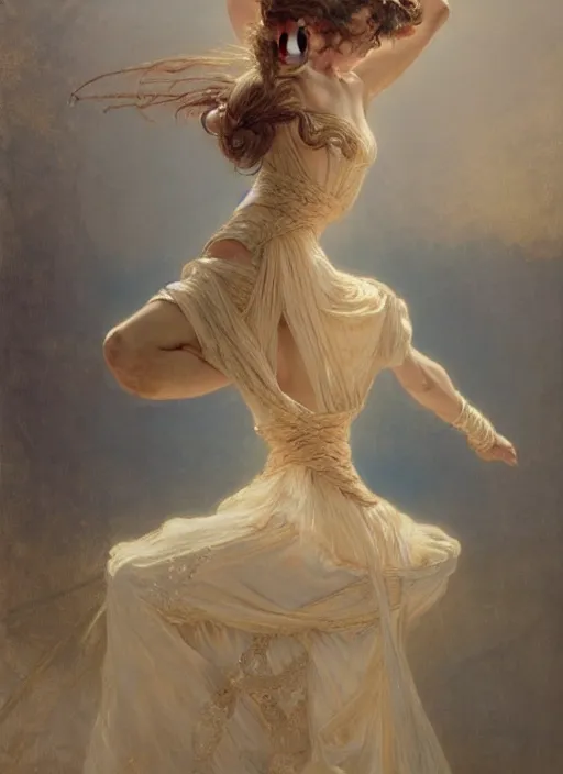 Image similar to a beautifull intricate rope painting of a dancing ballerina, reflexions, verry high details by william turner art, greg rutkowski and alphonse mucha, trending on artstation, very very detailed, masterpiece, muted colors