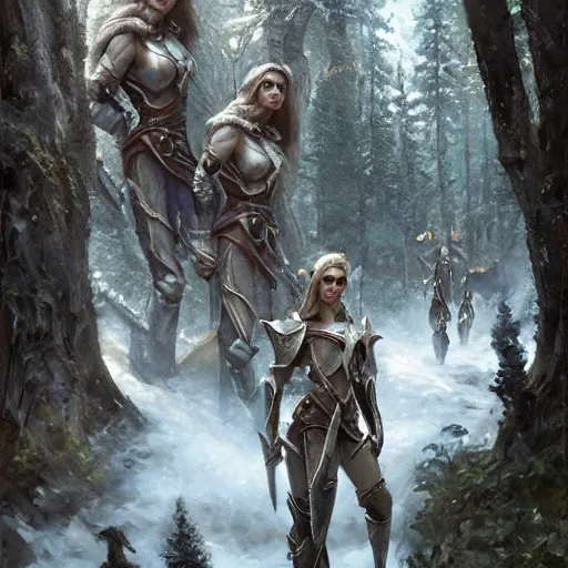 Image similar to elves with armors foot soldiers in rivendel forest city, epic masterpiece of cinematographic hyperrealism, realistic shaded lighting poster by craig mallismo, artgerm, jeremy lipkin and michael garmash, unreal engine, radiant light, detailed and intricate environment, digital art, art station trends