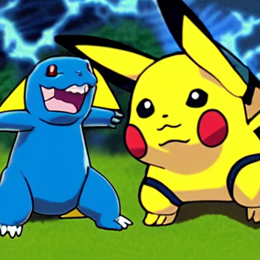 Image similar to pikachu attacking blastoise with thunderbolt