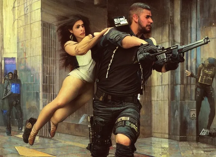 Image similar to Maria evades sgt Griggs. Cyberpunk hacker escaping Menacing Cyberpunk mall cop griggs. (dystopian, police state, Cyberpunk 2077, bladerunner 2049). Iranian orientalist portrait by john william waterhouse and Edwin Longsden Long and Theodore Ralli and Nasreddine Dinet, oil on canvas. Cinematic, vivid colors, hyper realism, realistic proportions, dramatic lighting, high detail 4k