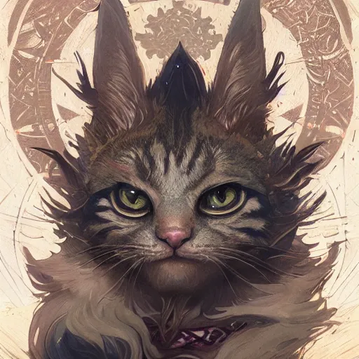 Image similar to A heraldic prince kitty cat with big cute eyes, D&D, fantasy, intricate, cinematic lighting, highly detailed, digital painting, artstation, concept art, smooth, sharp focus, illustration, art by Akihiko Yoshida, Greg Rutkowski and Alphonse Mucha