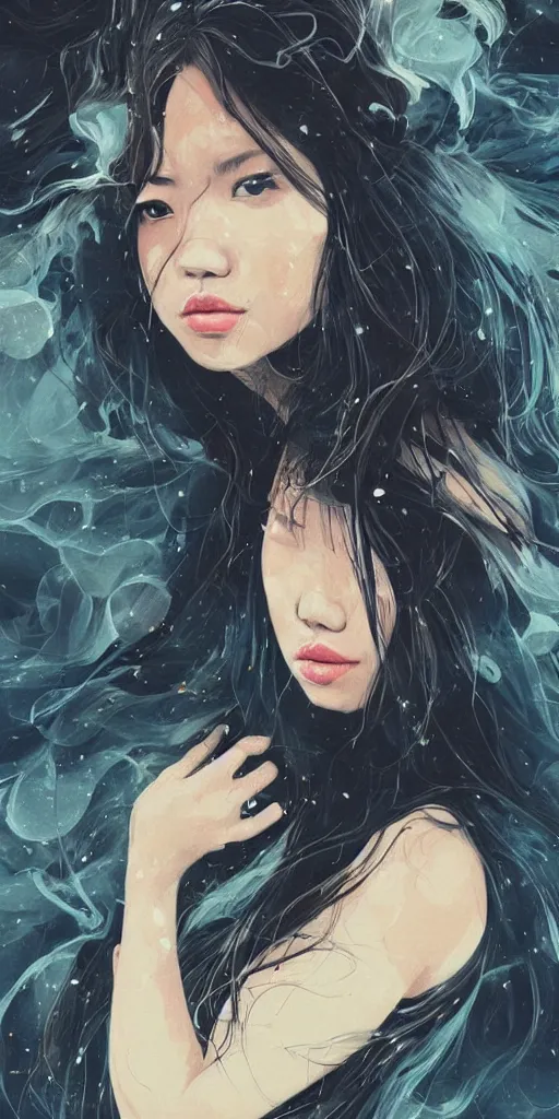 Prompt: candid portrait of one!!! single!!! very very beautiful young filipino woman with narrow face in the center of the frame, with flowing long hair, surrounded by dramatic swirling thick dreamy smoke, face partially obscured, dark background, by conrad roset, abstract, thought provoking, dramatic lighting, trending on artstation