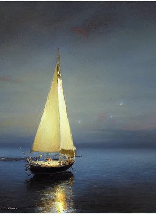 Image similar to There is a small sailboat on the dark blue sea, night view, by Vicente Romero Redondo