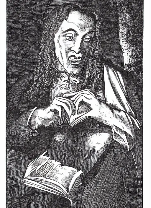 Prompt: dracula reading a book, art by james o barr and albrecht durer, woodblock print, engraved, black and white, vector, vector art