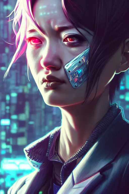 Image similar to hyperdetailed close portrait of a woman in a worn out suit in a cyberpunk city inspired by ross tran and wlop and masamune shirow and kuvshinov, concept art, intricate, photorealistic, octane render, rtx, hdr, unreal engine, dnd digital art by artgerm