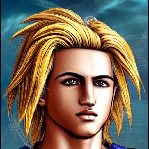 Image similar to photorealistic depiction of alexander the great, with blonde goku hair, style is realistic, colorful, real life