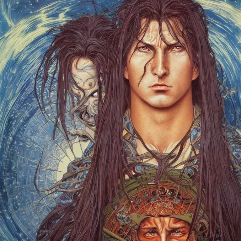 Prompt: portrait of Madara Uchiha by Jeff Easley and Peter Elson + beautiful eyes, beautiful face + symmetry face + border and embellishments inspiried by alphonse mucha, fractals in the background, galaxy + baroque, gothic, surreal + highly detailed, intricate complexity, epic composition, magical atmosphere + masterpiece, award winning + trending on artstation