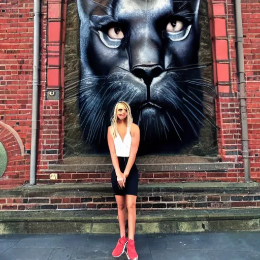 Image similar to A detailed photo of Kaley Cuoco under the Eastgate clock in Chester. Behind her we see a black panther