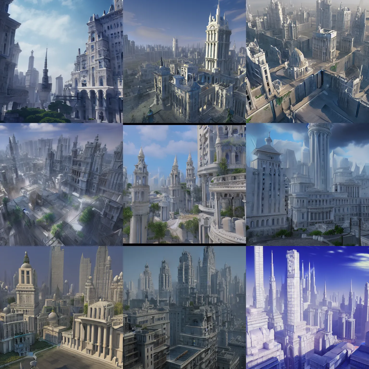 Prompt: fantasy city, white marble buildings, high towers, artstation, anime, high realism, 8k, unreal engine