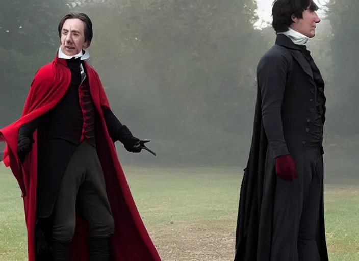 Prompt: movie still of alan rickman as victorian era spiderman wearing a cape from the new pride & prejudice movie, realistic, 8 k