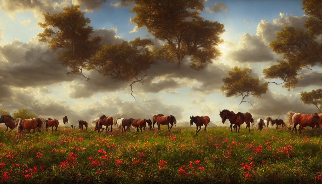 Prompt: An epic fantastic realism comic book style painting of the most beautiful flowers covering a herd of wild horses, fisheye lens, painted by the Hudson River school, unreal 5, DAZ, hyperrealistic, octane render, dynamic lighting