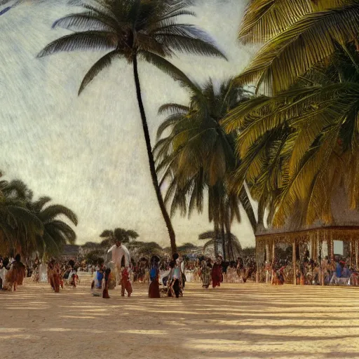 Image similar to a ultradetailed beautiful photo of hundreds of people in the amazonas palace designed by jules bastien - lepage, hans belmer, frank weston and gustave baumann, beach, trending on artstation, mediterranean, palm trees, light sparkles, sharp focus, soft light, 8 k 4 k