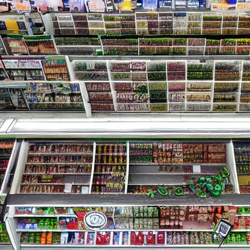 Prompt: top down picture of a supermarket after a zombie attack, top down perspecrive