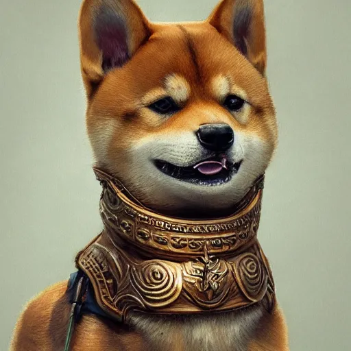 Prompt: detailed photorealistic painting of a shiba inu wearing a highly detailed ornamented bronze typical viking helmet with two horns, sharp focus in the style of ruan jia, Mandy jurgens, cinematic light, concept art, trending on artstation, ultra realistic