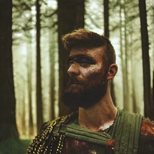 Image similar to close up kodak portra 4 0 0 photograph of a roman legimeer after the battle standing in dark forest, moody lighting, telephoto, 9 0 s vibe, blurry background, vaporwave colors, faded