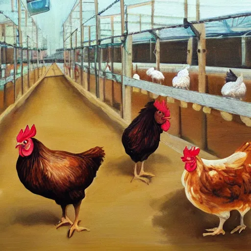 Image similar to chickens putting human beings in coops, oil painting, hyper realistic